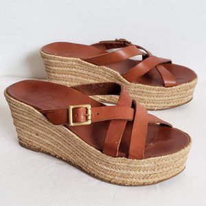 DELMAN Cognac Leather Criss cross Platform woven Hemp Wedge Heel Sandals 6